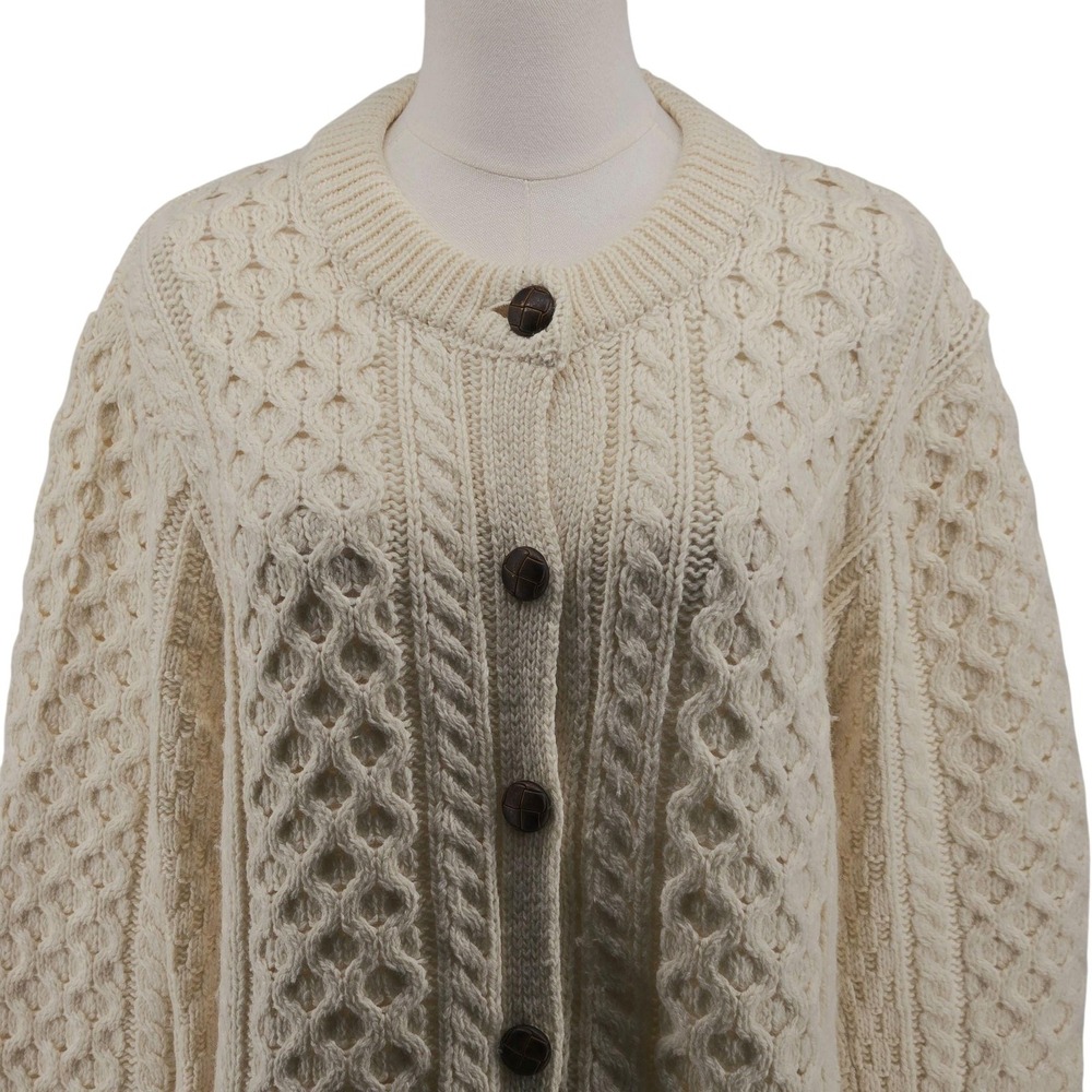 Aran Crafts Sweater Cardigan Womens M White Cable-Knit Merino Wool Pockets